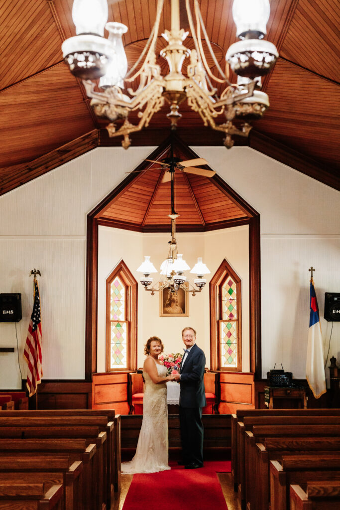 Couple eloping in a small little chapel nestled in the blue ridge mountains
