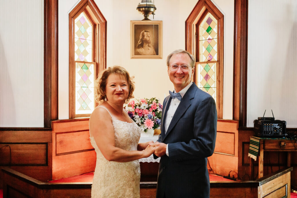 Couple eloping in a small little chapel nestled in the blue ridge mountains