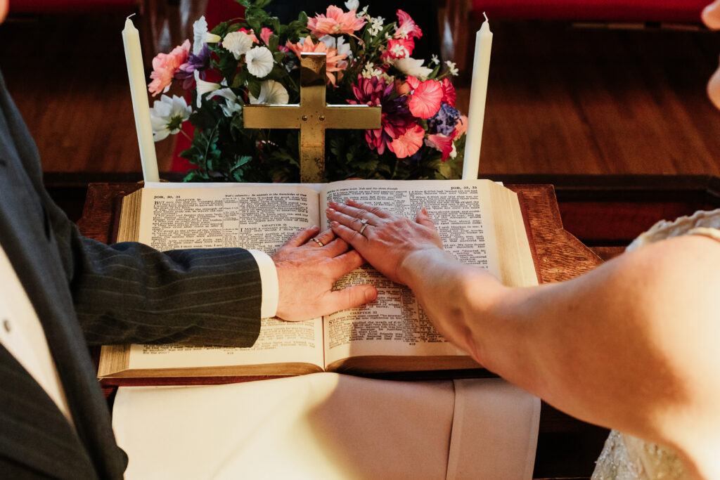 Couple eloping in a small little chapel nestled in the blue ridge mountains