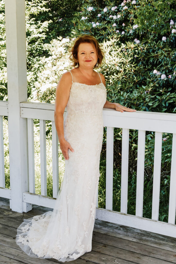 Women under gazebo in wedding dress