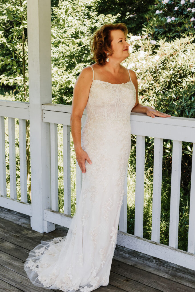 Women under gazebo in wedding dress